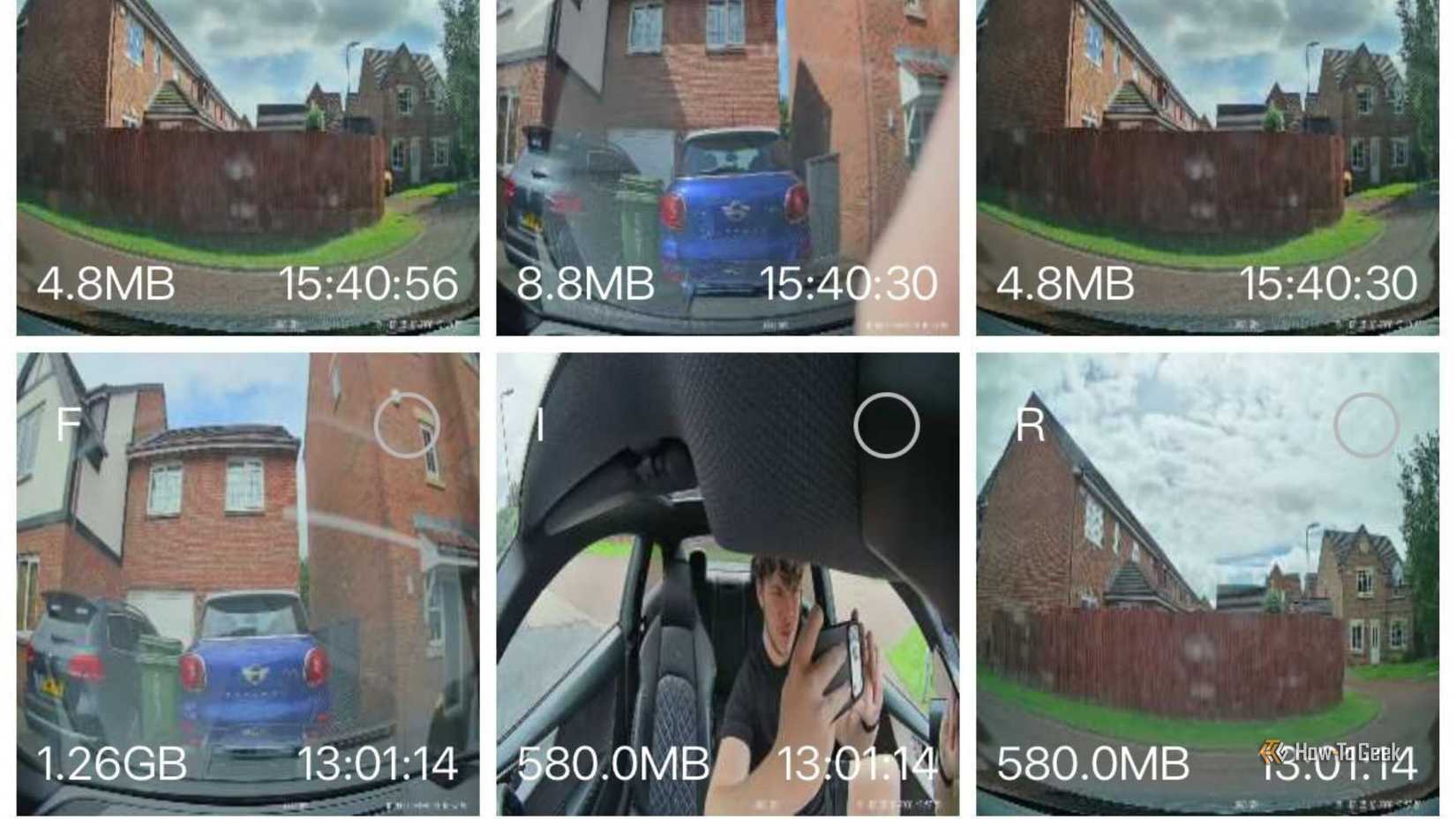 VIOFO app playback screen showing recorded footage thumbnails organised by date with Front, Rear, and Interior filter tabs at the top of the screen