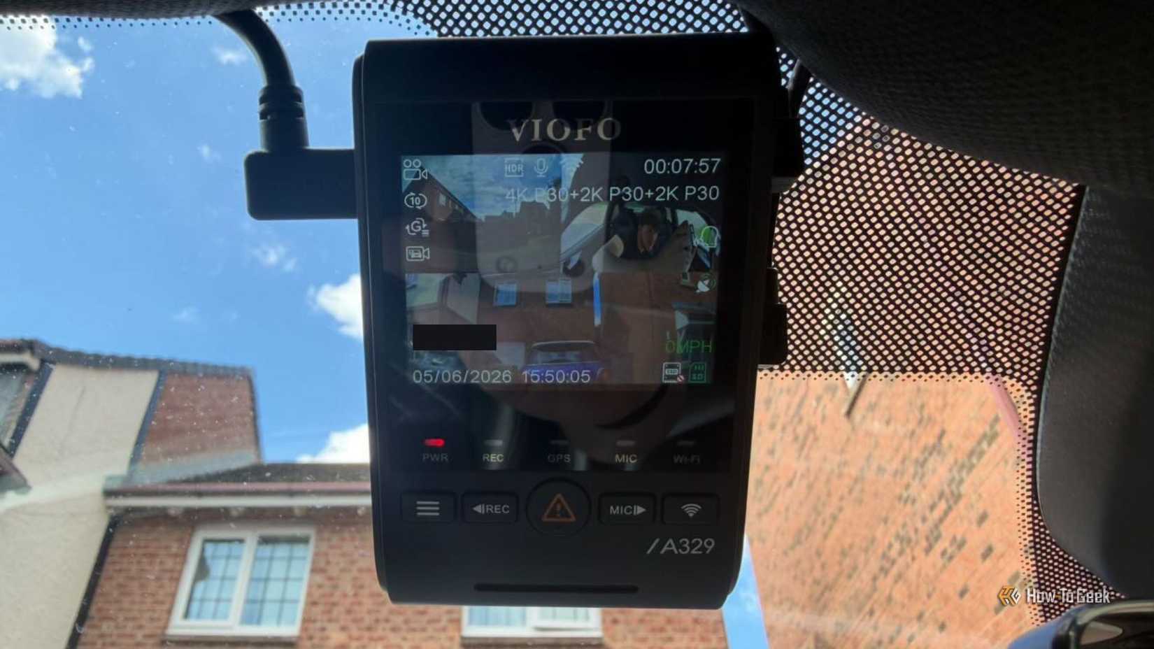 VIOFO A329S 3CH front unit installed on the windshield of a 2017 Audi S5 with the screen active showing 4K P30 plus 2K P30 plus 2K P30 three-channel recording status