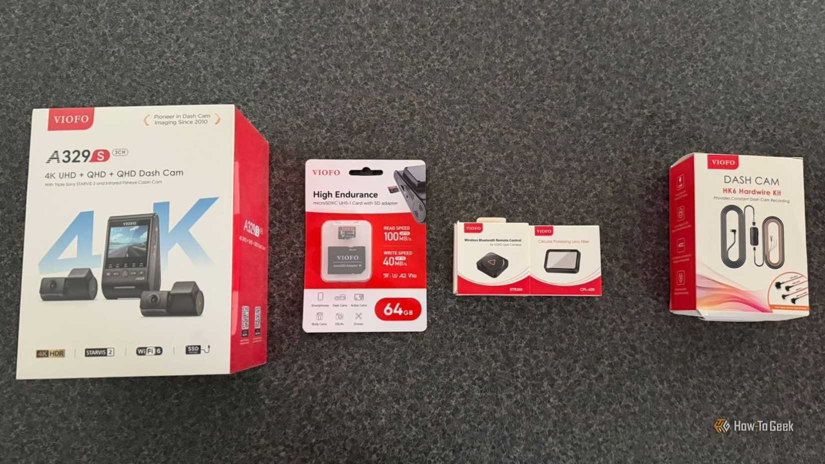 VIOFO A329S 3CH product boxes laid out vertically including the main dashcam box, 64GB microSD card, wireless Bluetooth remote, and HK6 hardwire kit