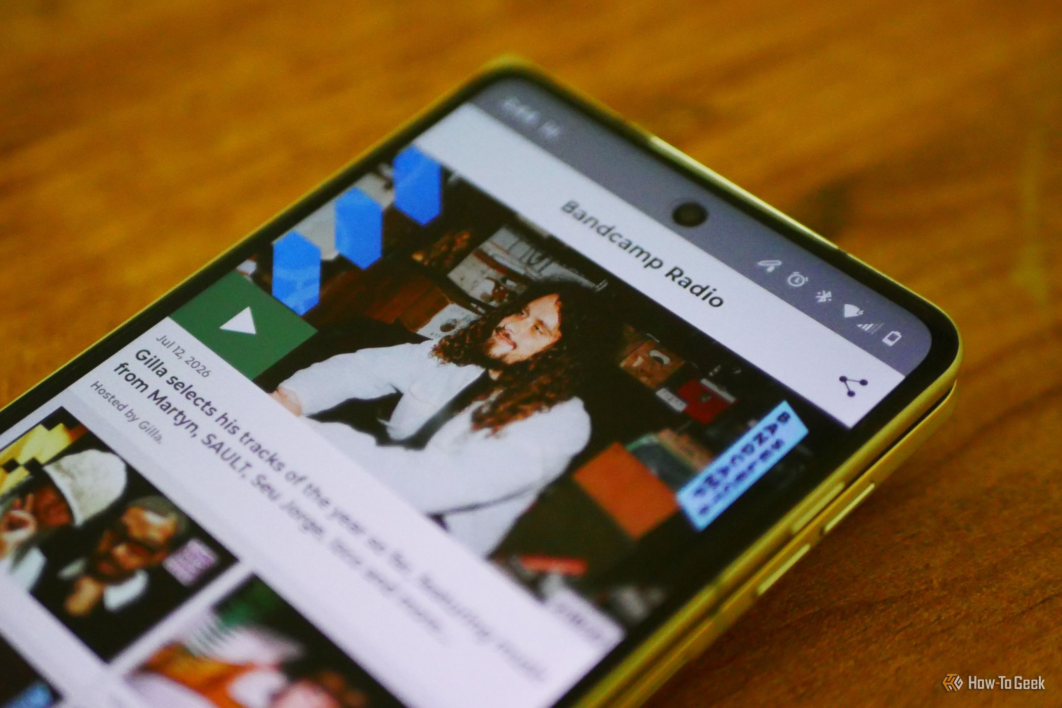 Bandcamp Radio page open on a Moto Razr Fold.