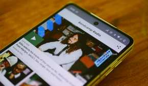 Bandcamp Radio page open on a Moto Razr Fold.