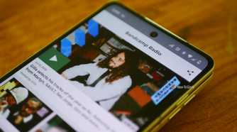 Bandcamp Radio page open on a Moto Razr Fold.