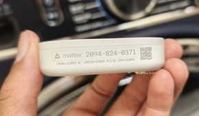 Matter pairing number and QR code on the side of an IKEA KLIPPBOK water leak sensor.