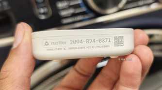 Matter pairing number and QR code on the side of an IKEA KLIPPBOK water leak sensor.