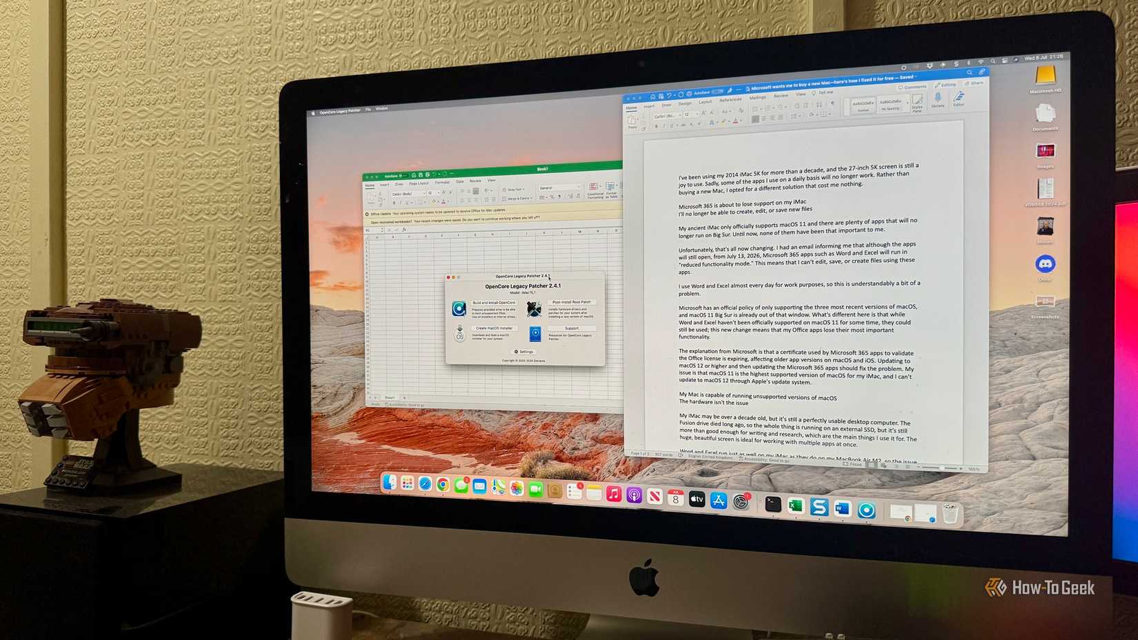 2014 iMac 5K screen showing OpenCore Legacy Patcher open next to Excel and a Word document with the Microsoft 365 fix article draft.
