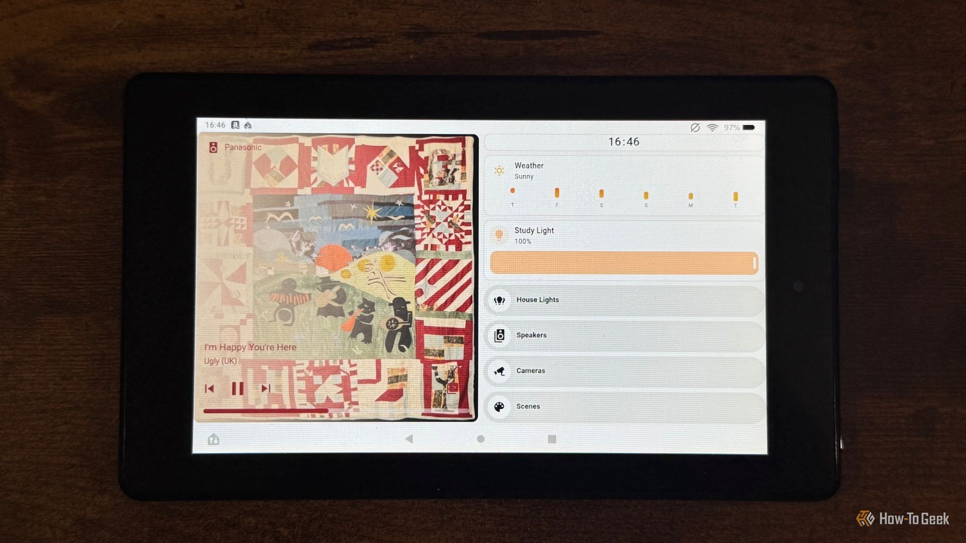 A tablet showing a Home Assistant dashboard with the Panasonic music player and Weather Study Light and House Lights cards.