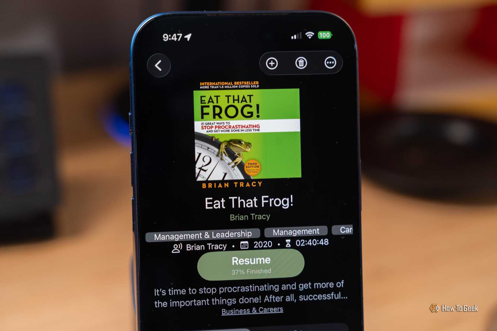 Audiobookshelf on iPhone showing Eat That Frog audiobook resume screen.