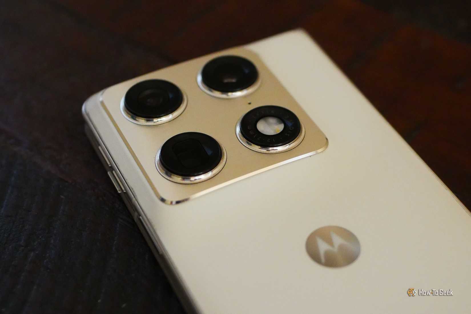 Camera lenses on the back of a Motorola Razr Fold. 