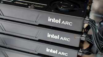 Closeup of several Intel Arc GPUs stacked on one another