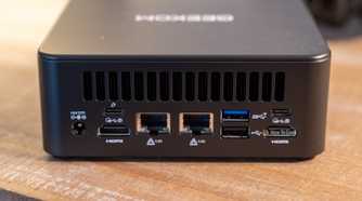 GEEKOM IT13 Max mini PC rear ports with USB-C PD input dual Ethernet and HDMI.
