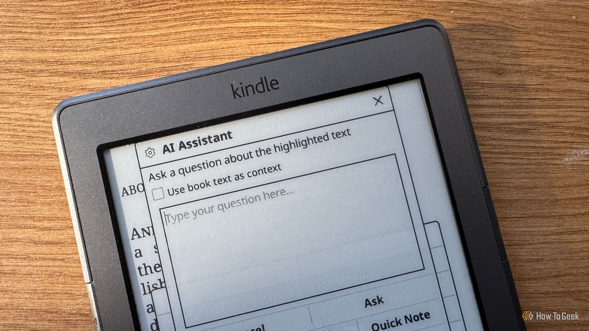 Kindle AI Assistant Ask a question dialog with the Use book text as context checkbox.