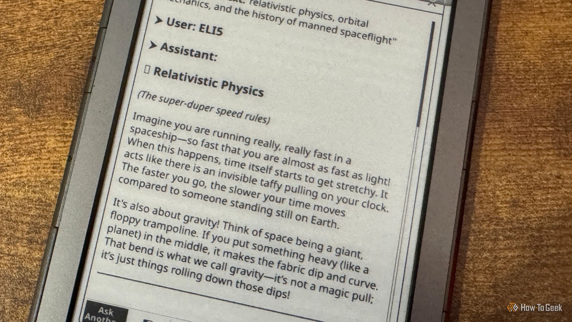 Kindle AI Assistant ELI5 response explaining Relativistic Physics using a taffy and trampoline analogy for time and gravity.
