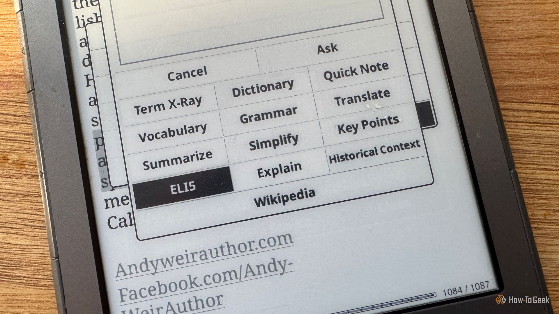 Kindle AI Assistant options menu with ELI5 highlighted over a page from an Andy Weir book.