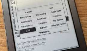 Kindle AI Assistant options menu with ELI5 highlighted over a page from an Andy Weir book.