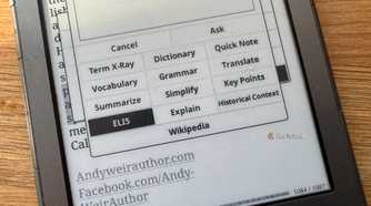 Kindle AI Assistant options menu with ELI5 highlighted over a page from an Andy Weir book.