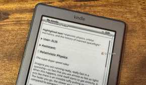 Kindle AI Assistant showing the highlighted text field for relativistic physics orbital mechanics and the history of manned spaceflight.
