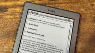 Kindle AI Assistant showing the highlighted text field for relativistic physics orbital mechanics and the history of manned spaceflight.