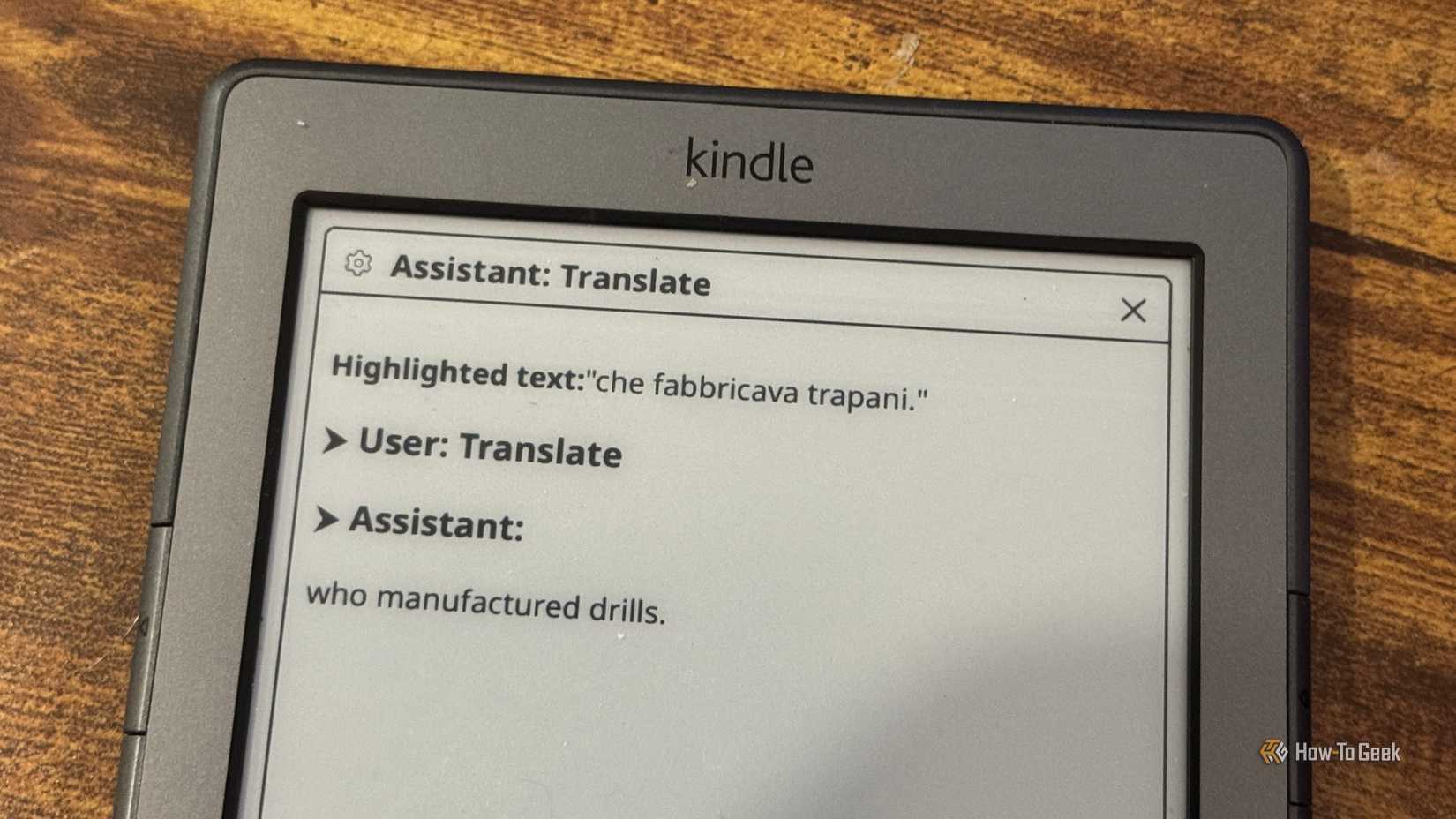 Kindle AI Assistant Translate result for the Italian phrase che fabbricava trapani showing who manufactured drills.