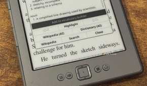 Kindle dictionary popup defining schematic with Wikipedia AI and Dictionary AI options.