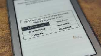 Kindle showing KOReader Youve reached the end of the document dialog with Mark as finished Go to beginning Delete file Book status Open next file and File browser options.
