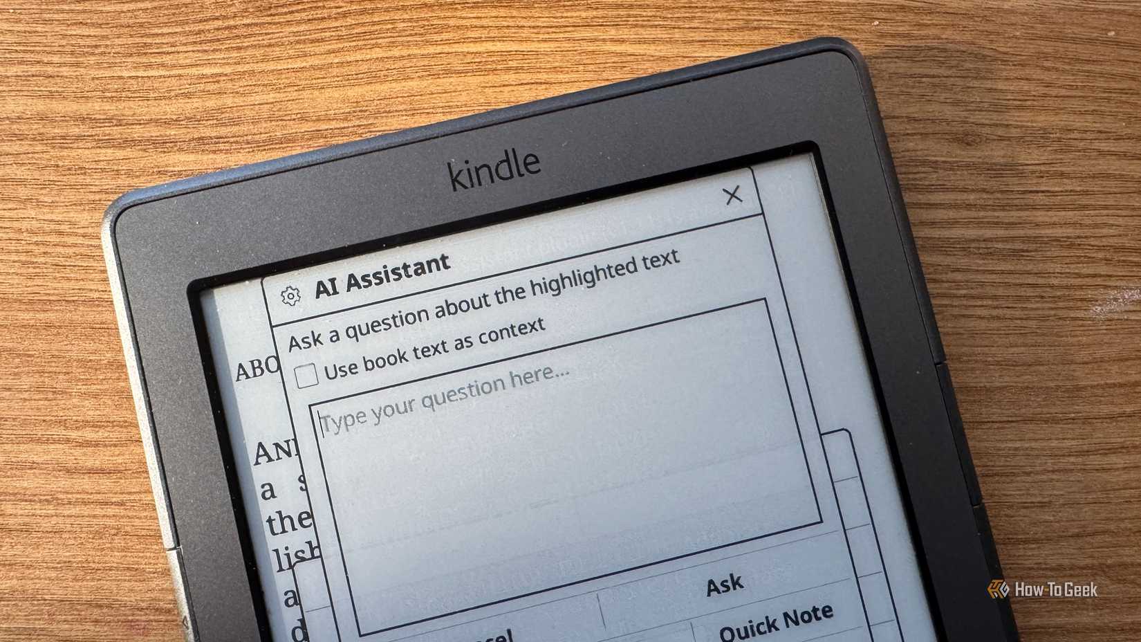 KOReader AI Assistant popup showing Ask a question about the highlighted text with a Use book text as context checkbox.