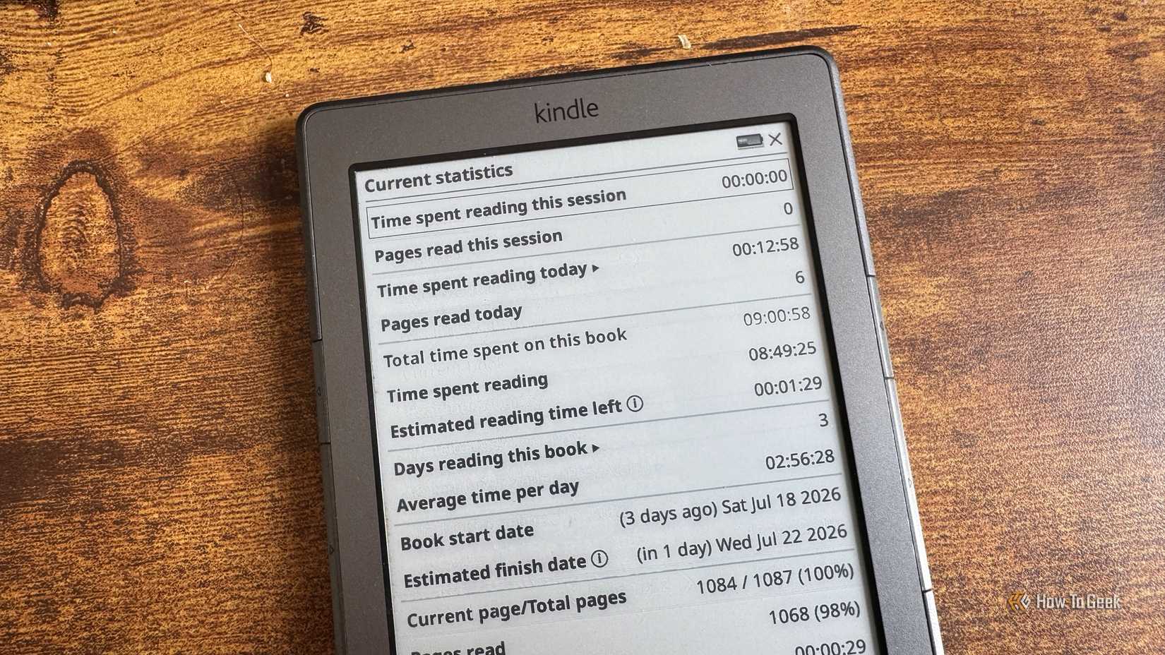 KOReader reading statistics popup showing time spent pages read and estimated finish date for the current book.
