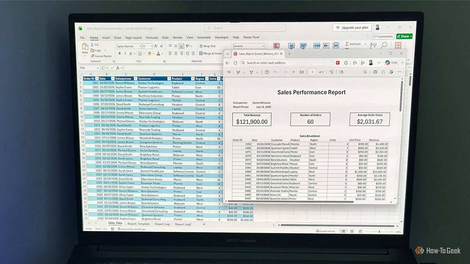 Laptop screen showing a Microsoft Excel table and a VBA-generated sales performance report.
