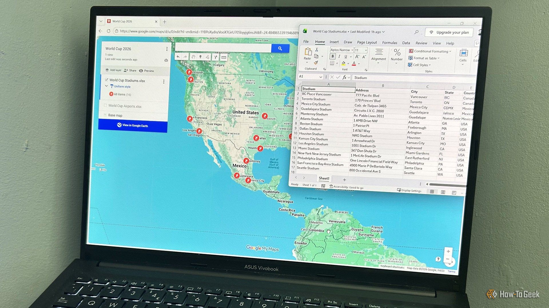 Laptop screen showing Google My Maps and Microsoft Excel, both with World Cup Stadium information displayed.