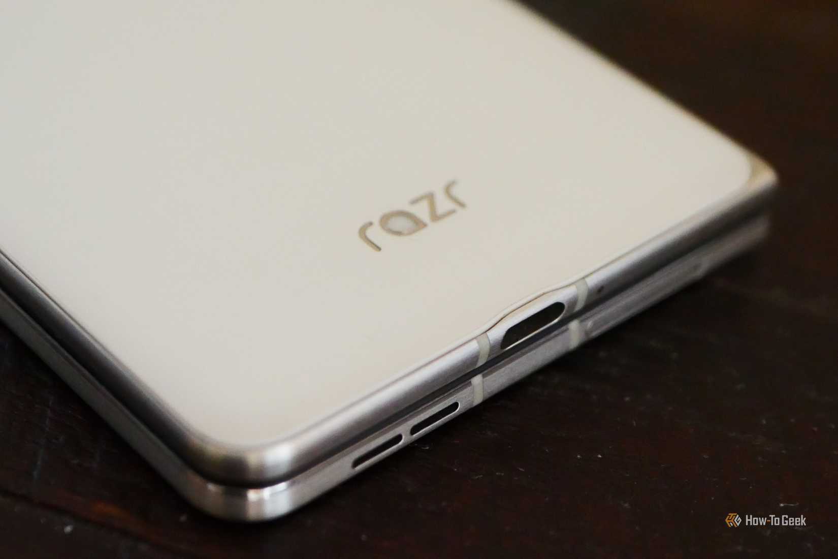 Razr logo on the back of a Moto Razer Fold. 