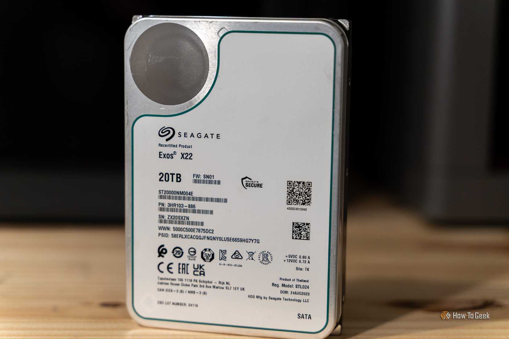 Seagate Exos X22 20TB recertified SATA hard drive upright close-up.
