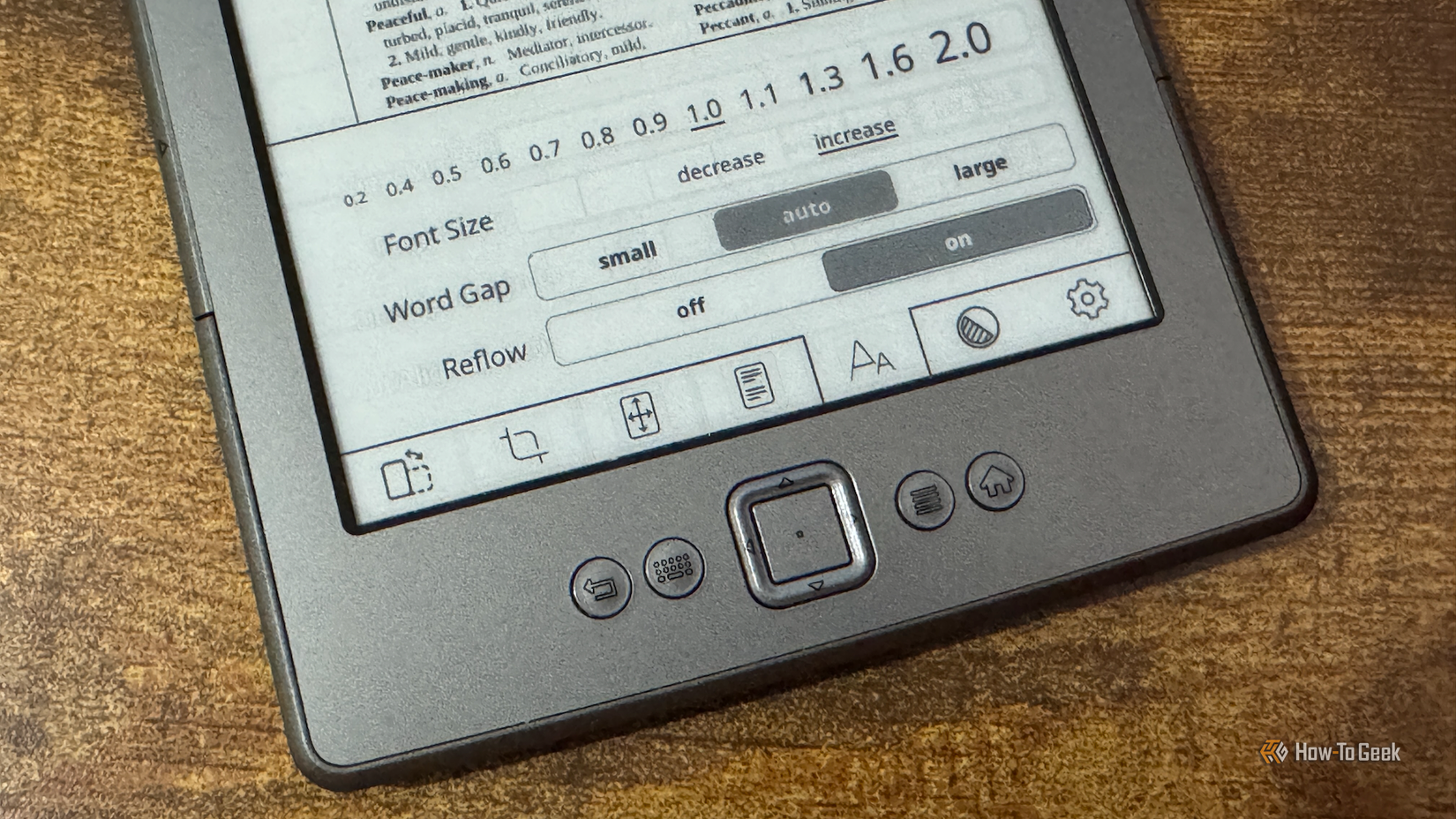 The Reflow setting in KOReader on a Kindle 4.