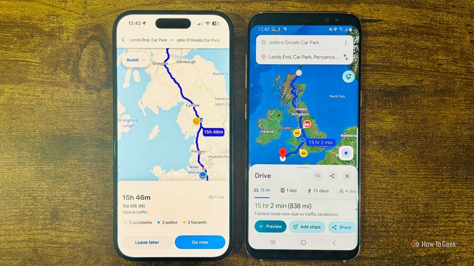 Waze and Google Maps route comparison from Lands End to John OGroats shown side by side on iPhone and Android with Waze estimating 15 hours 46 minutes and Google Maps estimating 15 hours 2 minutes.