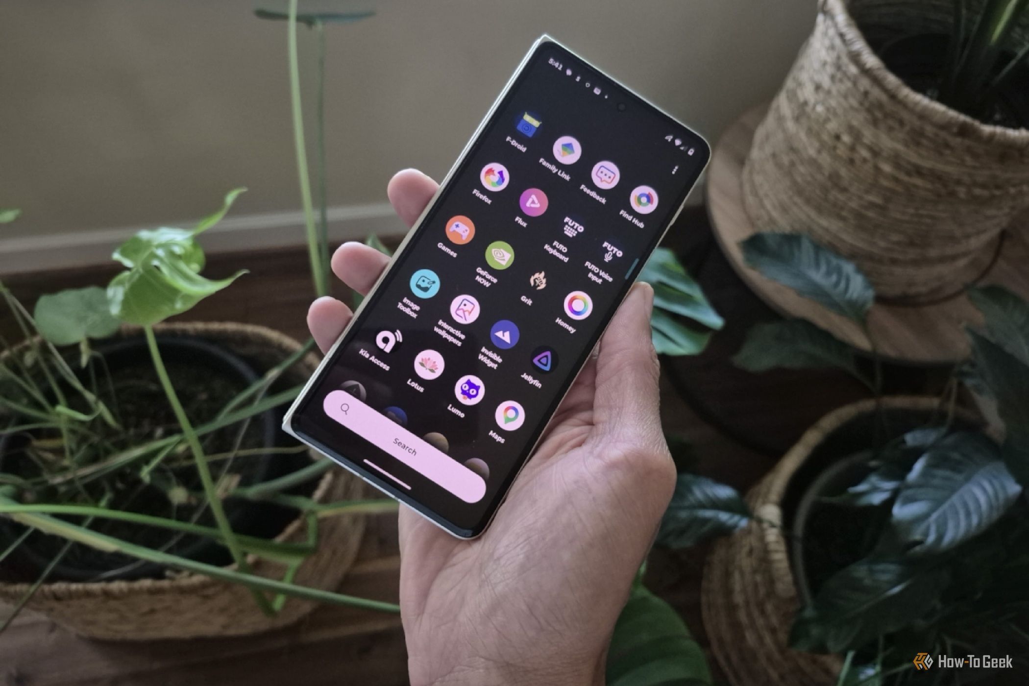 Hand holding a Motorola Razr Fold in front of house plants.