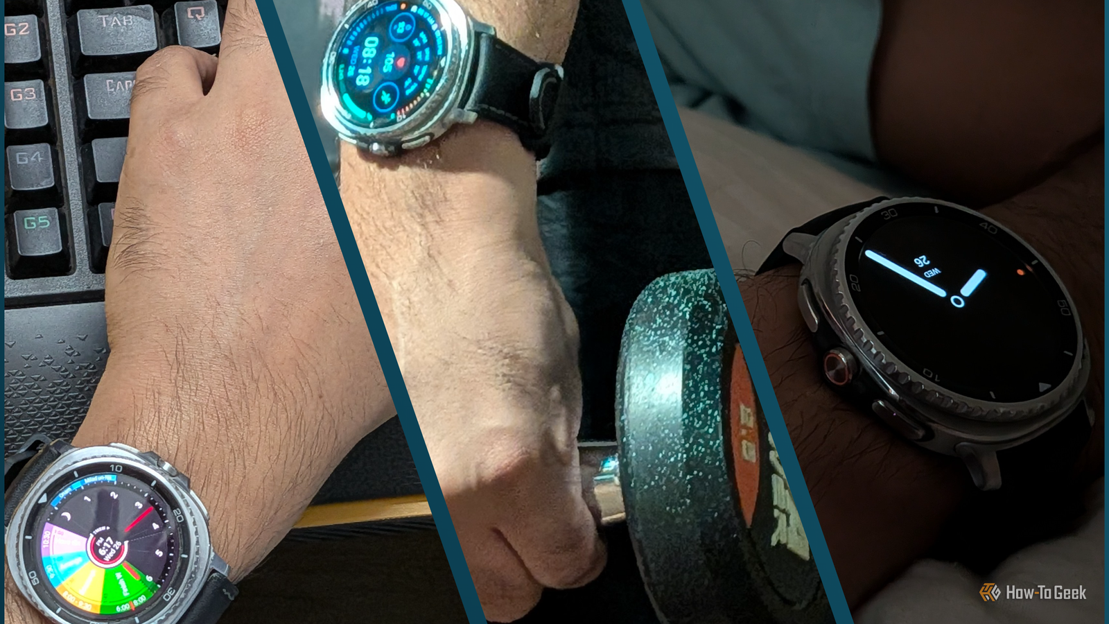 A collage of three different watch faces on Samsung Galaxy Watch 8 based on exercise, work, and sleep.