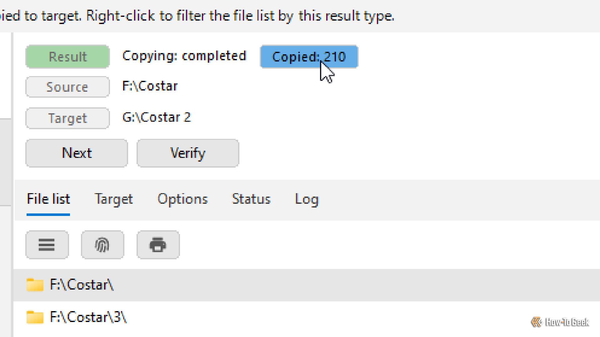 A completed TeraCopy list.