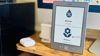 A Kindle 4 displaying a dashboard showing information about bathroom humidity and the soil moisture of a plant.