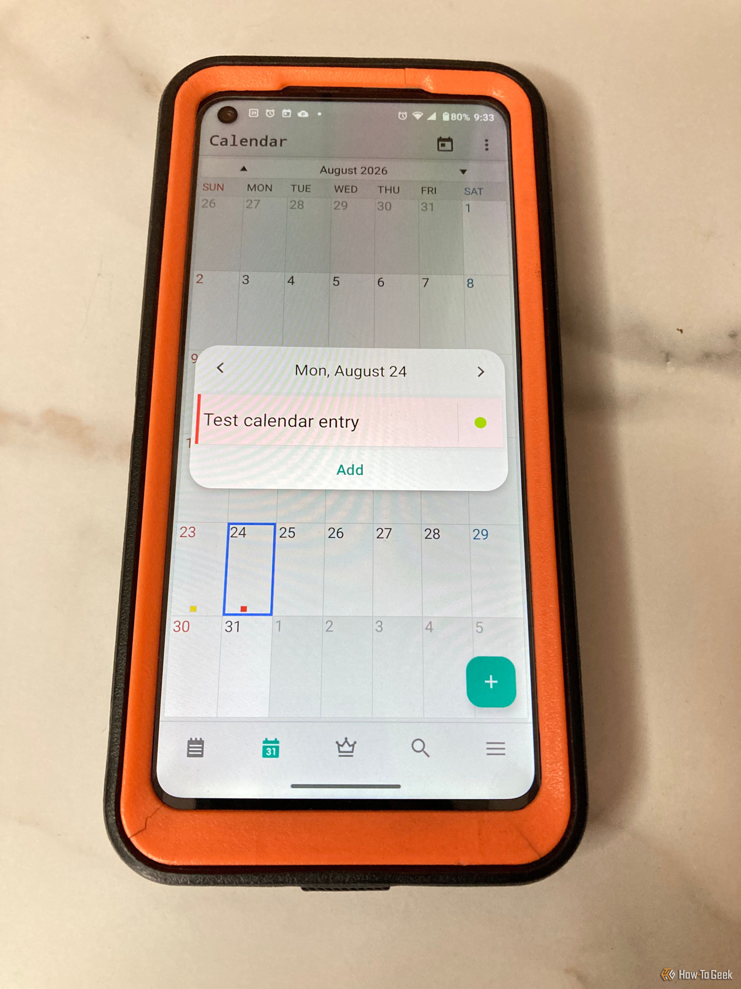 Встроенный календарь ColorNote с отмеченной красным цветом записью на день