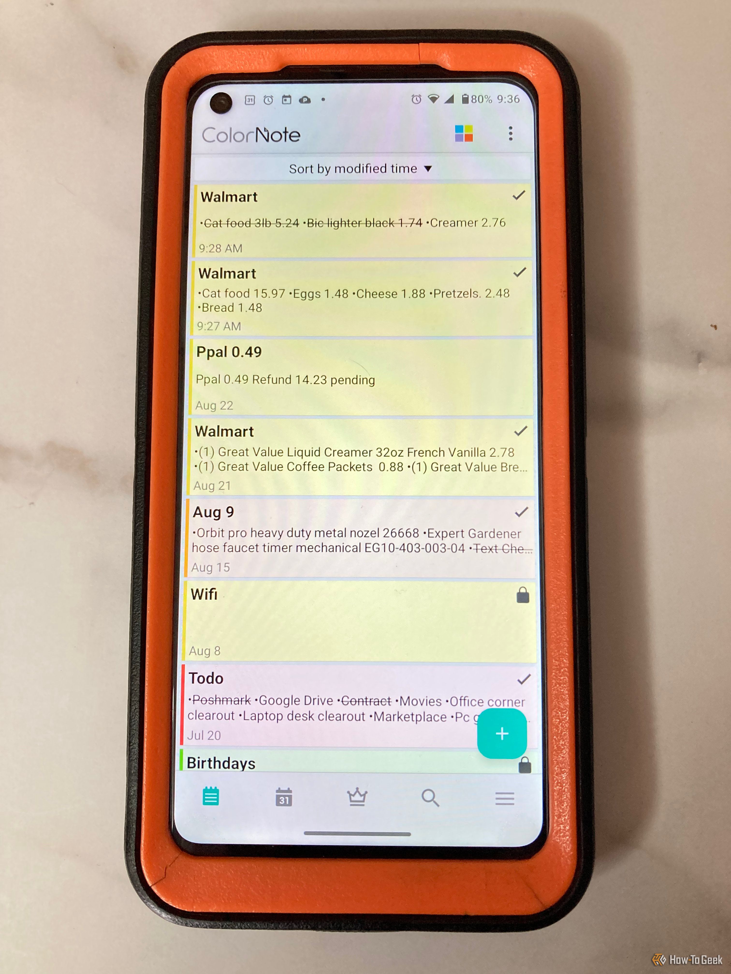 Режим подробного списка заметок в приложении ColorNote на Android