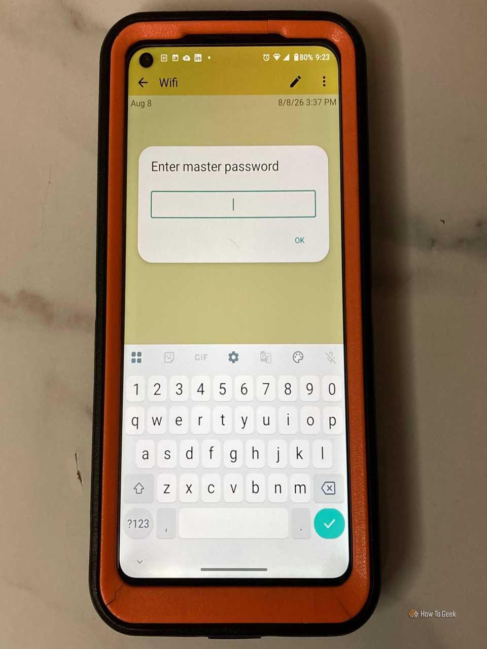 Окно ввода мастер-пароля в приложении ColorNote для Android