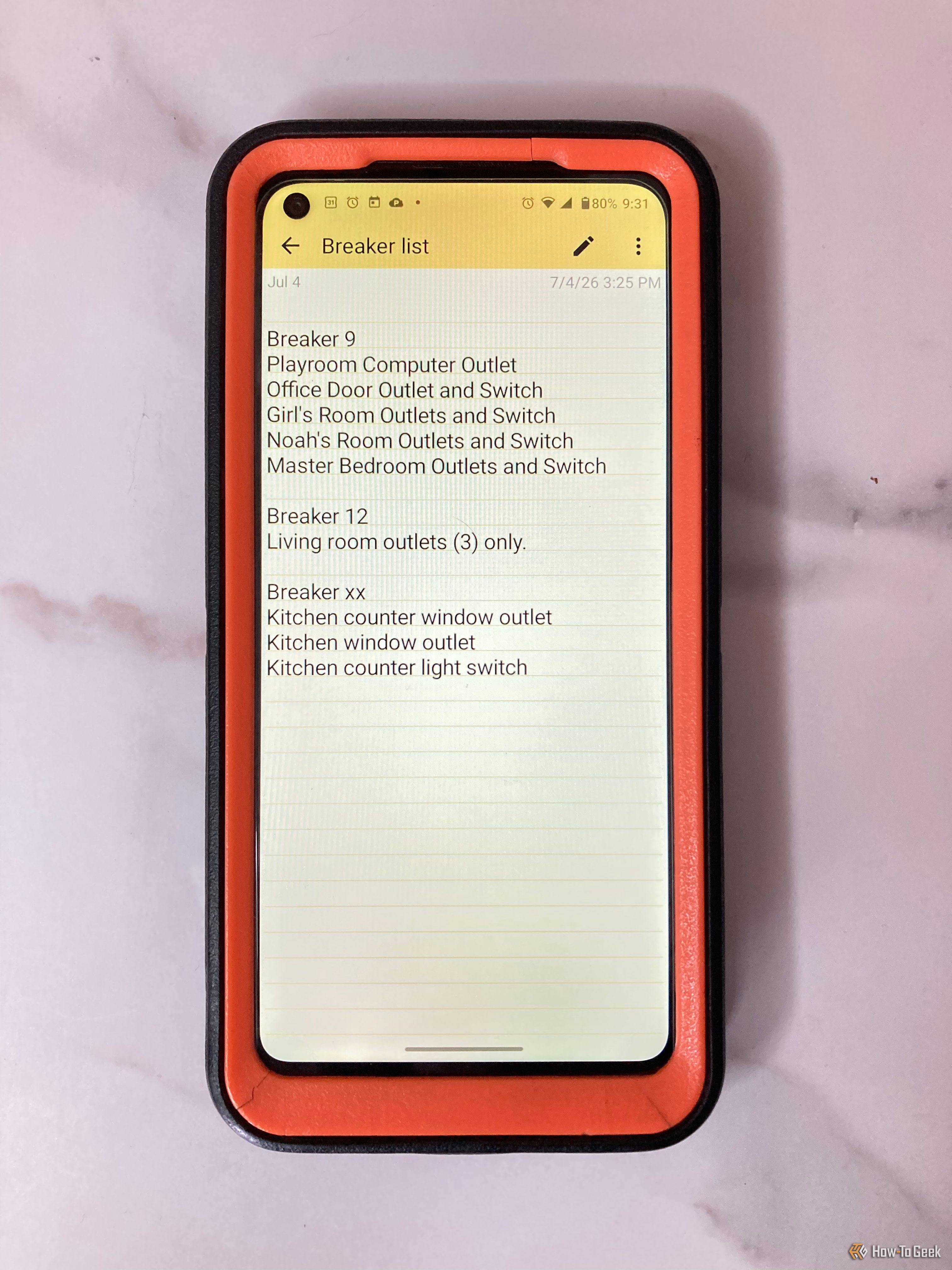 Приложение ColorNote для Android с заметкой о распределении электрических автоматов