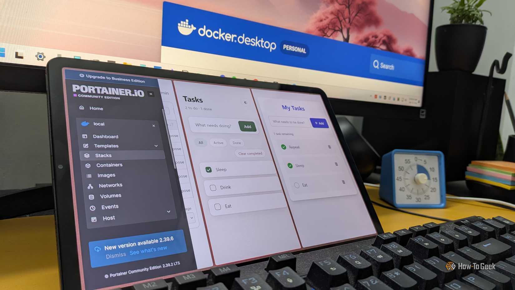 Docker apps hosted on a Windows 11 system running on an Android table with Portainer open.