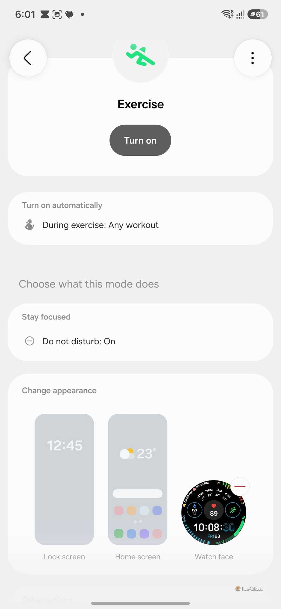 Exercise mode set to turn on during any workout with a health data watch face selected under Change appearance.
