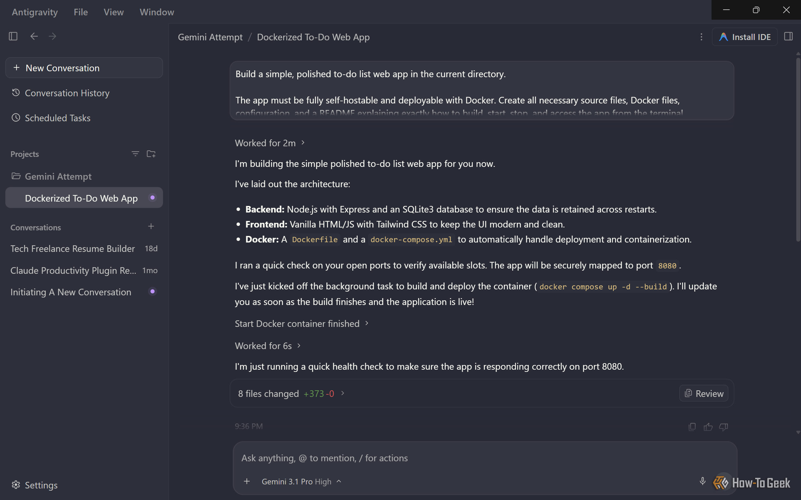 Gemini in Antigravity outlining its Express, SQLite, and Tailwind stack and deploying the container on port 8080.