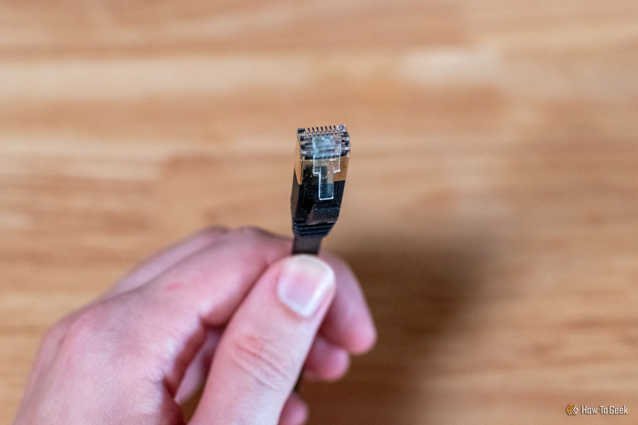 Hand holding a flat Ethernet cable.