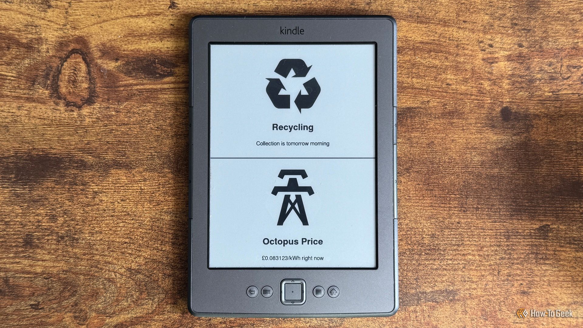 Kindle Eink display showing a Home Assistant dashboard with a Recycling collection reminder and the current Octopus electricity price.