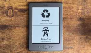 Kindle Eink display showing a Home Assistant dashboard with a Recycling collection reminder and the current Octopus electricity price.