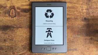 Kindle Eink display showing a Home Assistant dashboard with a Recycling collection reminder and the current Octopus electricity price.