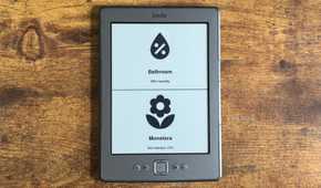 Kindle Eink display showing a Home Assistant dashboard with Bathroom humidity at 68 percent and Monstera soil moisture at 23 percent.