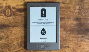 Kindle Eink display showing a Home Assistant dashboard with Battery Levels for smart home sensors and Bathroom humidity at 68 percent.