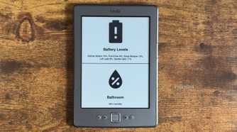 Kindle Eink display showing a Home Assistant dashboard with Battery Levels for smart home sensors and Bathroom humidity at 68 percent.